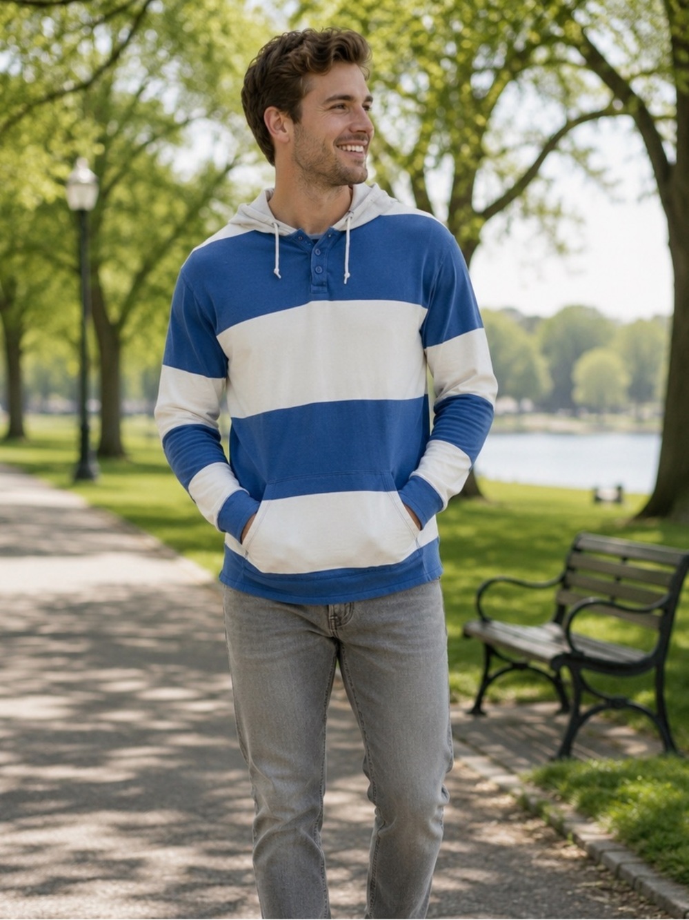Old Navy long sleeve hoodie tee, blue & white with 3 buttons, good condition